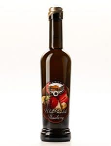 A bottle of dessert wine with a white chocolate strawberry flavor