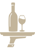 A logo with a bottle of wine next to a glass on a platter