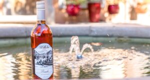 A bottle of our Garnacha Rosado rosé wine in a fountain