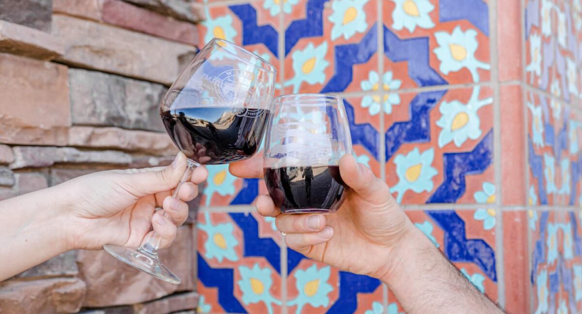 Two hands toasting red wine at a wine tasting where knowing wine terminology could be helpful