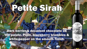 Bottle of Petite Sirah with Grapes and Description