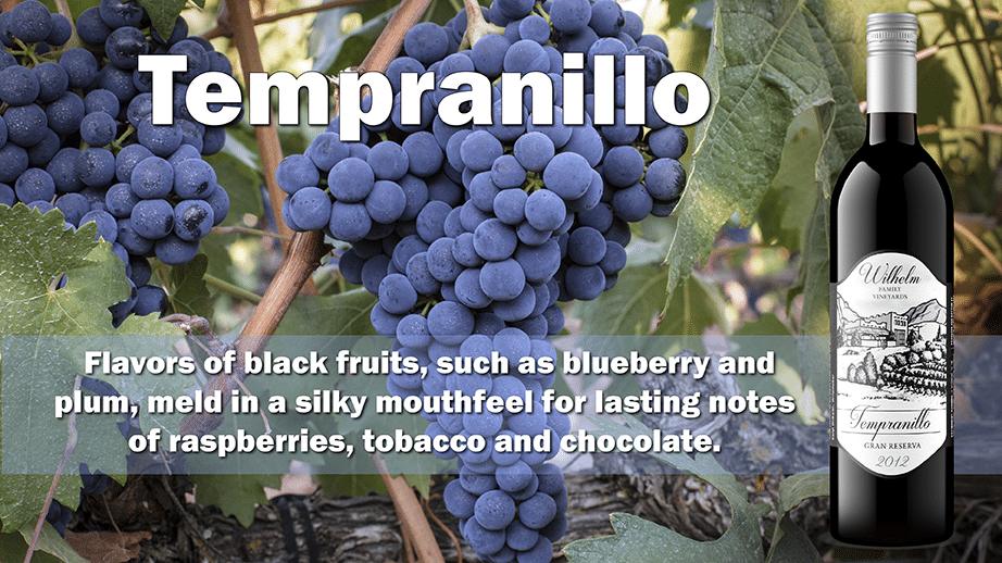 Bottle of Tempranillo with Grapes and Description
